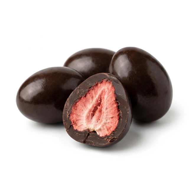 Drágea de Morango Liofilizado ao Chocolate 70% Cacau (Zero Açúcar, Vegano)